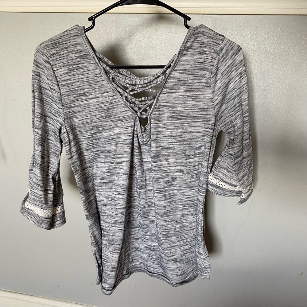 Maurices Heather Grey Flowy Criss Cross Top